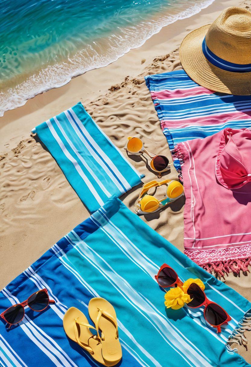 A bright beach scene featuring a variety of stylish bikinis and thong swimwear displayed on colorful beach towels, surrounded by sun-kissed sands and gentle waves. Include vibrant beach accessories like sun hats and sunglasses, highlighting the essence of summer fun and relaxation. Add a clear blue sky with a few fluffy clouds for a perfect summer ambiance. super-realistic. vibrant colors. sunny atmosphere.