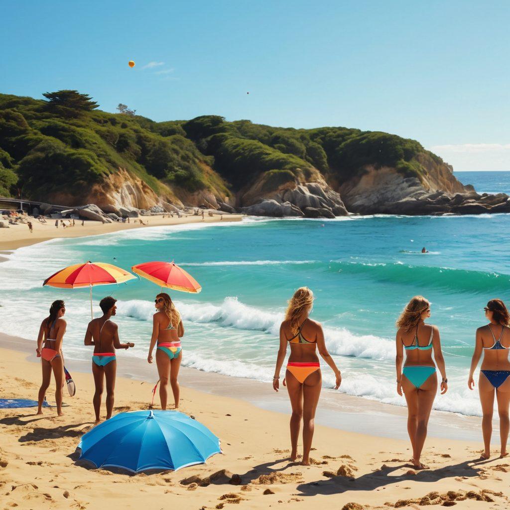 A vibrant beach scene with a diverse group of people wearing various stylish swim attire, set against a sunny coastal backdrop. Include colorful beach umbrellas, sandy shores, and ocean waves, while showcasing fun beach activities like volleyball and paddleboarding. Capture the essence of summer and excitement with a sense of fashion and freedom. super-realistic. vibrant colors. sunny atmosphere.